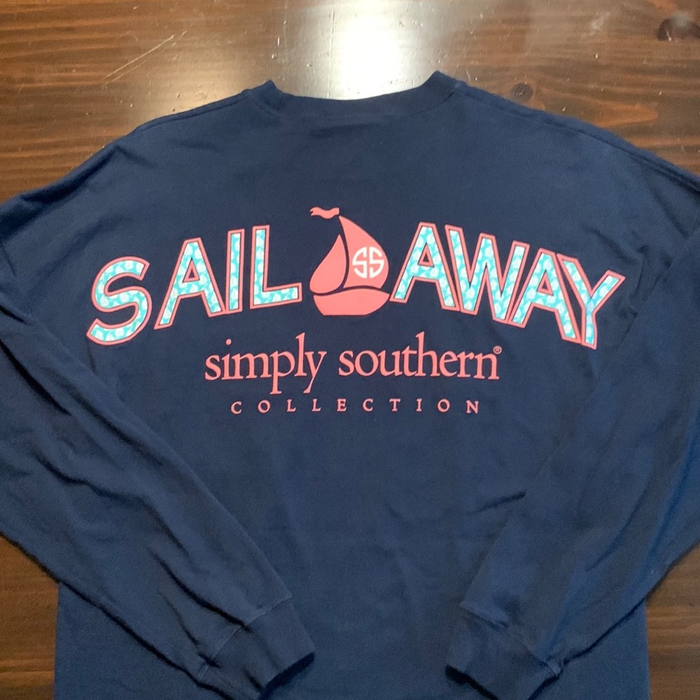 Simply Southern Long Sleeve Oversized Tee Shirt Navy Blue Sail Away Size Small